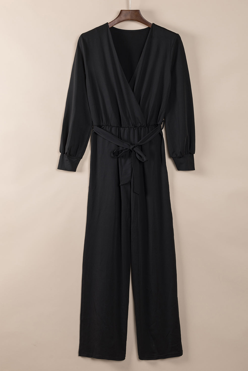 V Neck Wrap Waist Tie Long Sleeve Jumpsuit