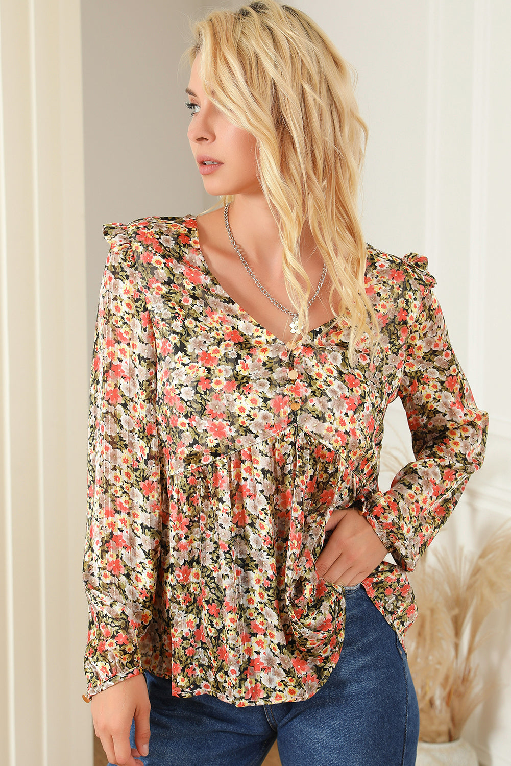 V Neck Ruffled Babydoll Floral Blouse