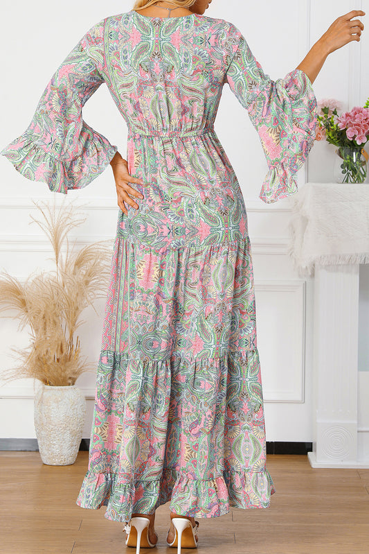 Green Paisley Printed Ruffle Trim Elegant Maxi Dress