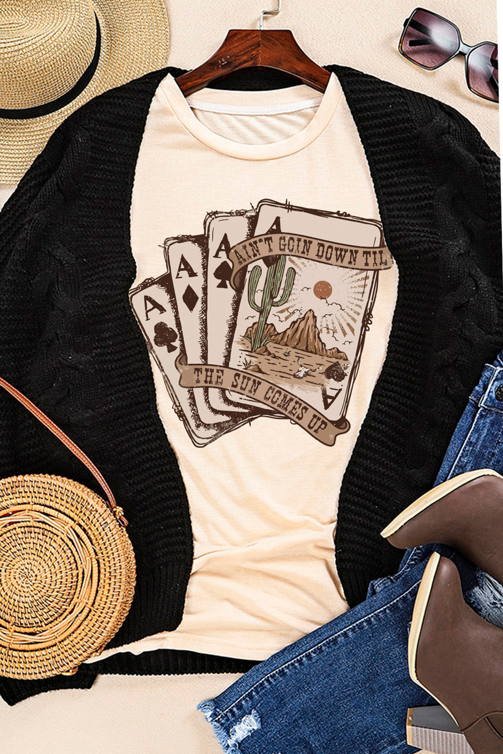 T-shirt graphique kaki Western Poker Cards