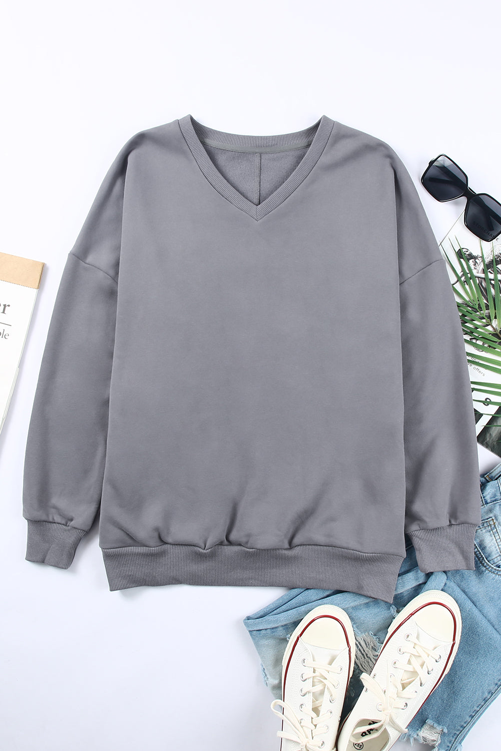 Ribbed V Neck Drop Shoulder Sweatshirt