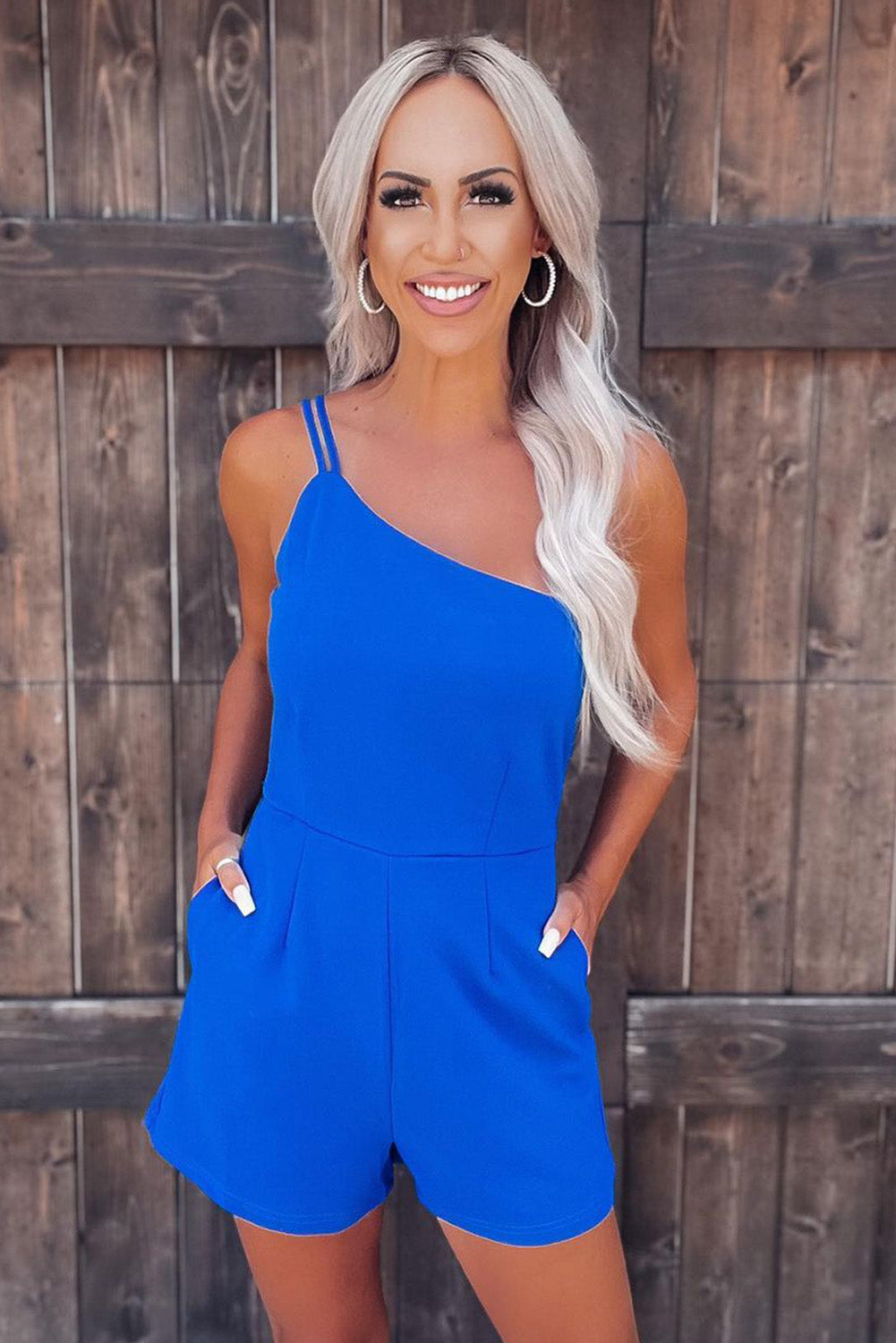 Blue One Shoulder Invisible Zip Side Pocketed Romper