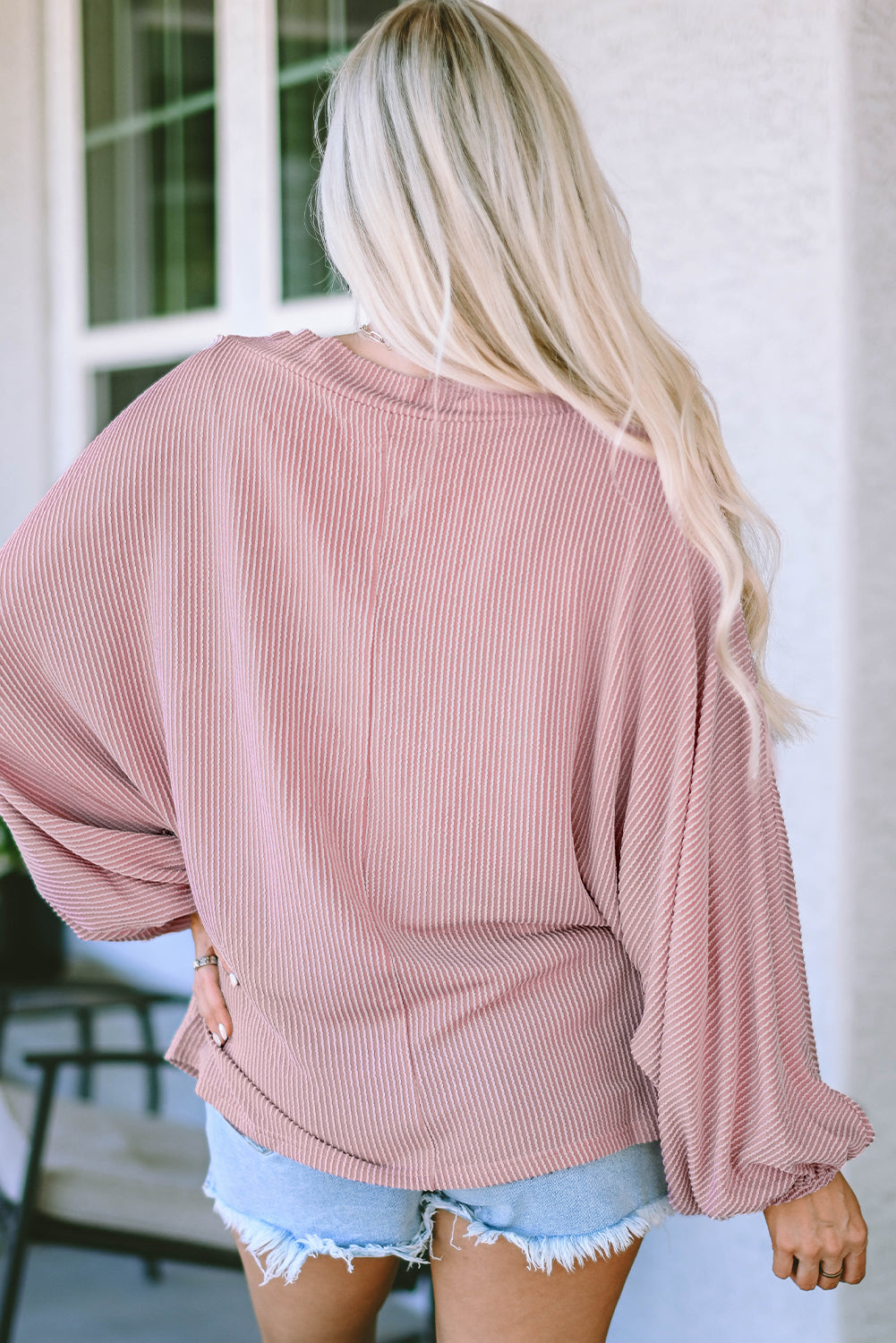 One-Shoulder Balloon Sleeve Ribbed Blouse