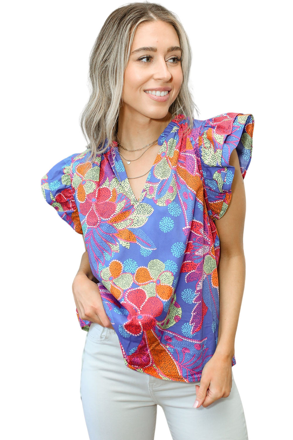 Split V Neck Flutter Floral Top