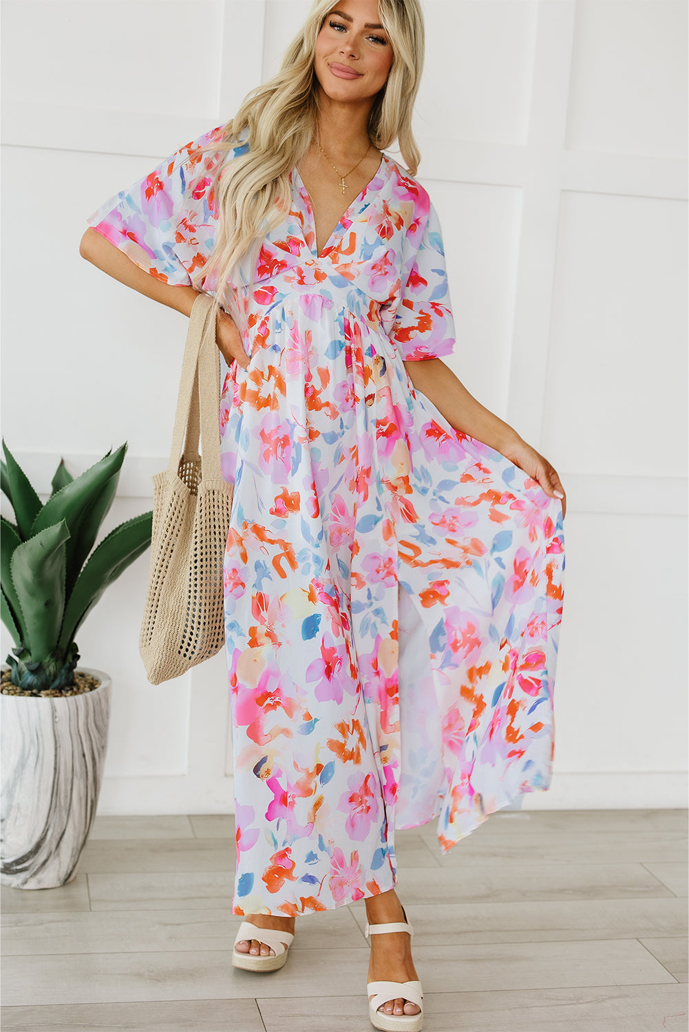 Tropical Floral Print Ruched V Neck Maxi Dress