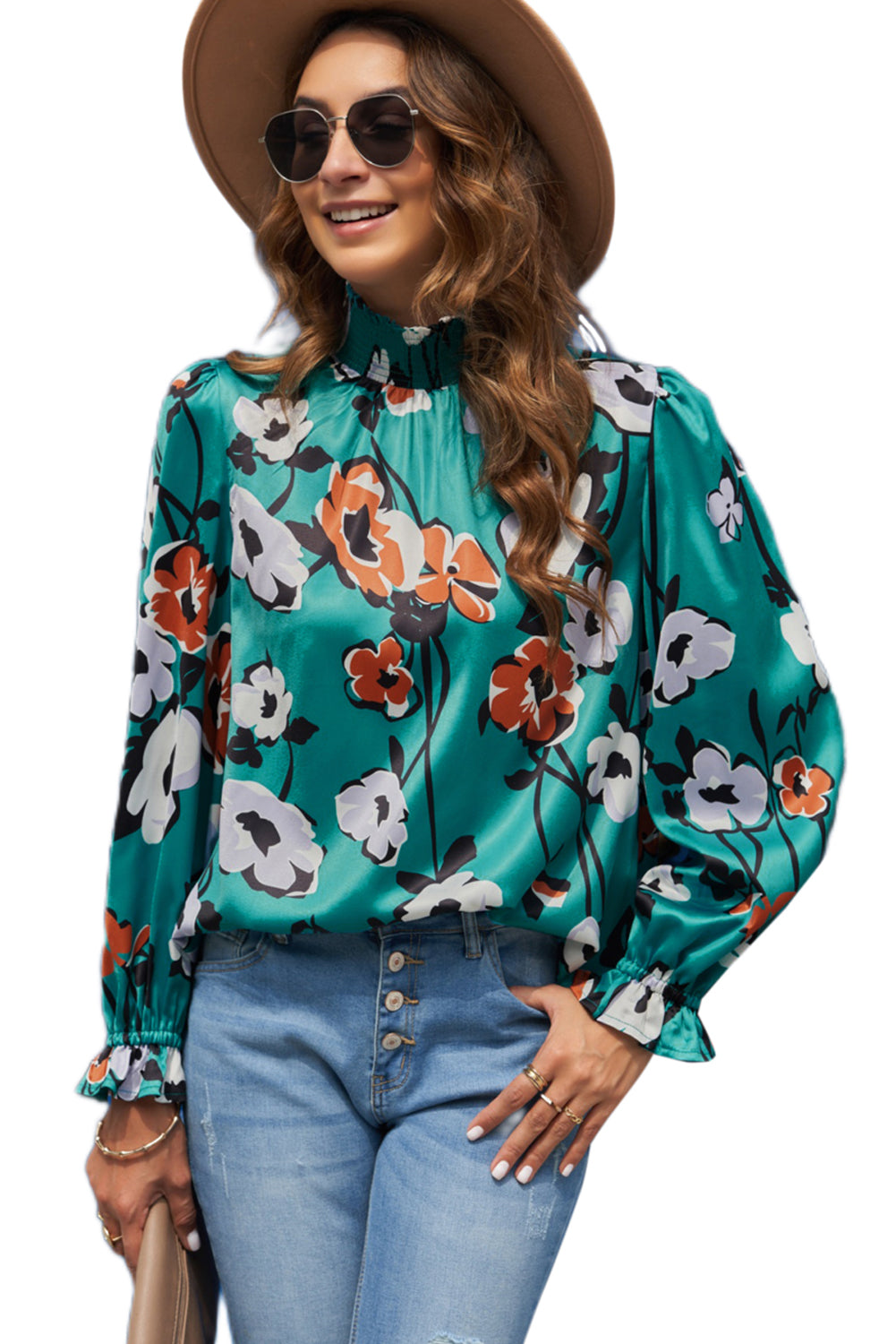 Floral Print Smocked Mock Neck Blouse