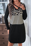 Leopard Striped Patchwork Long Sleeve T-Shirt Dress