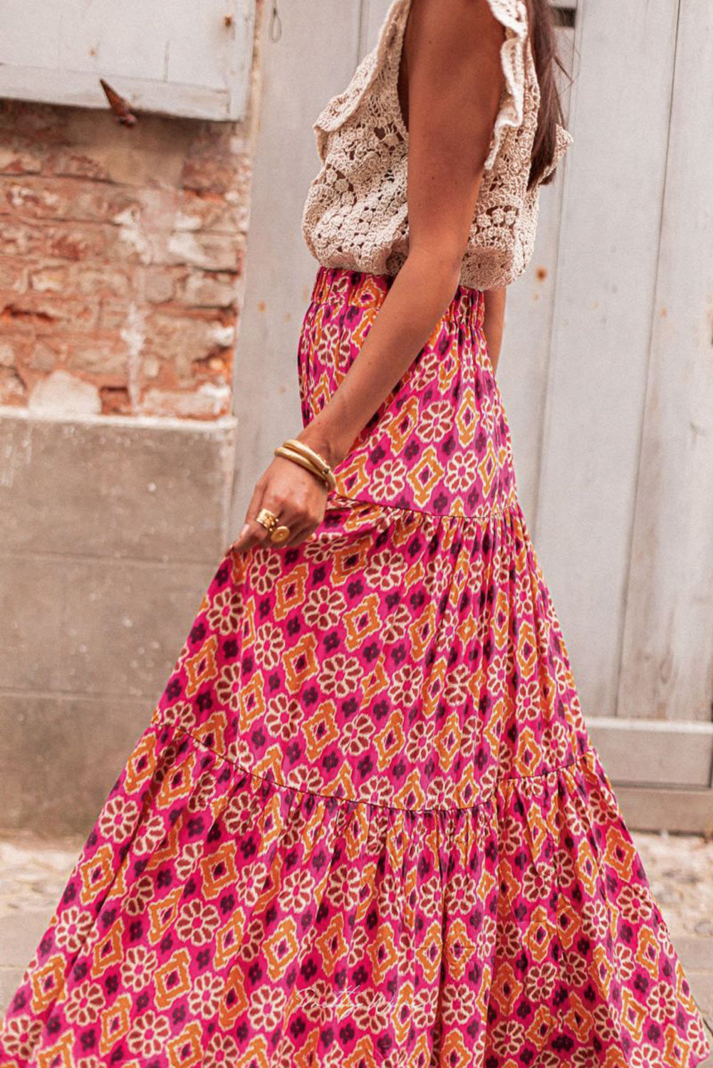 Vintage Boho Floral Print Tiered Maxi Skirt