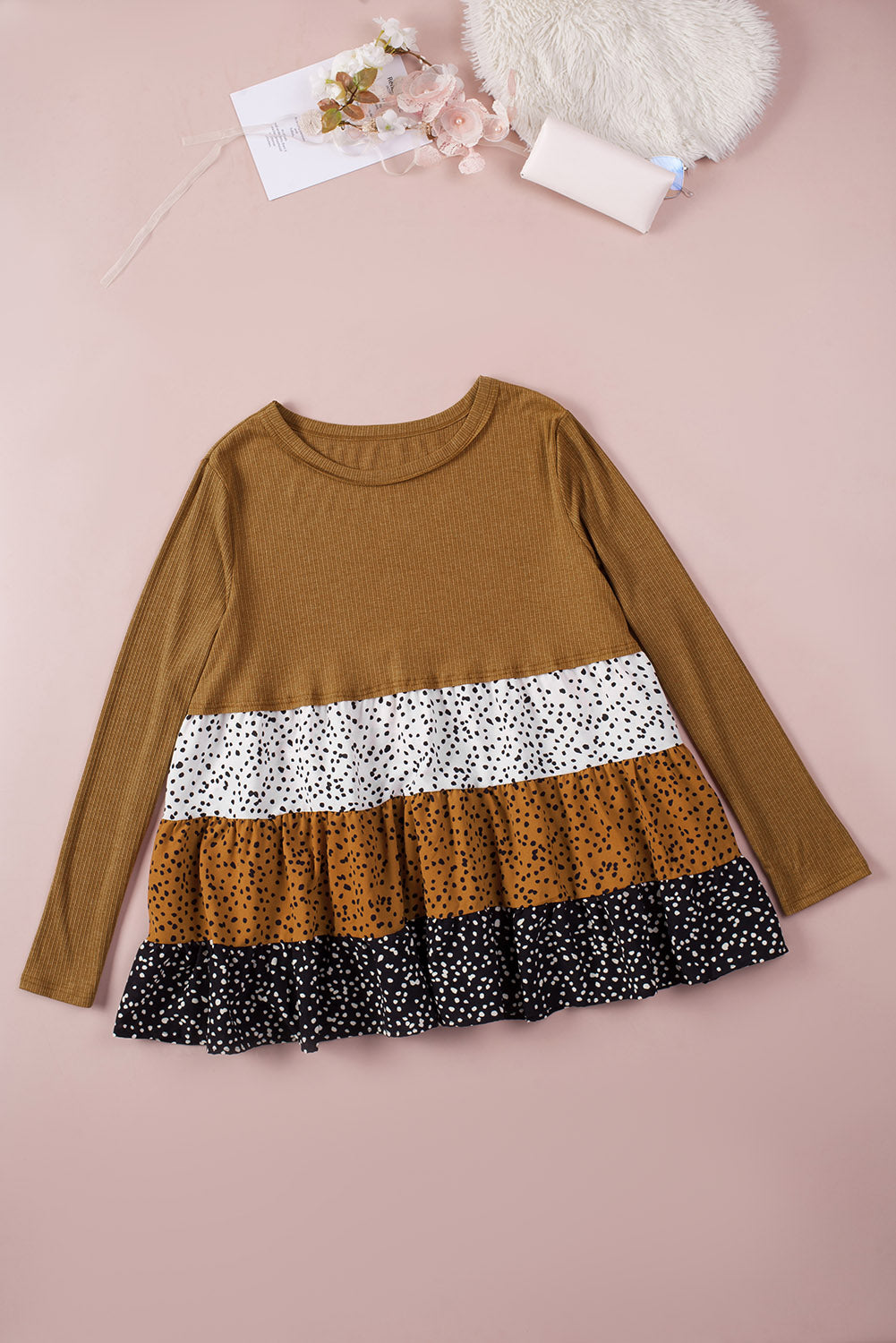 Plus Size Knit Dotted Print Tiered Top with Ruffle