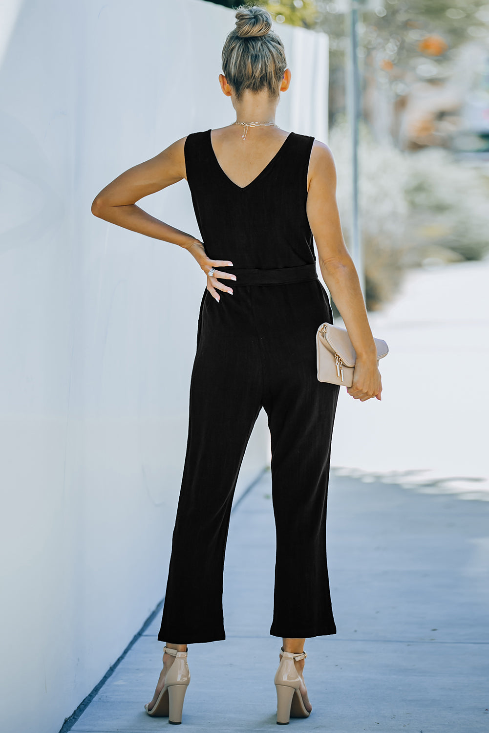 V Neck Button Belted Jumpsuit with Pockets