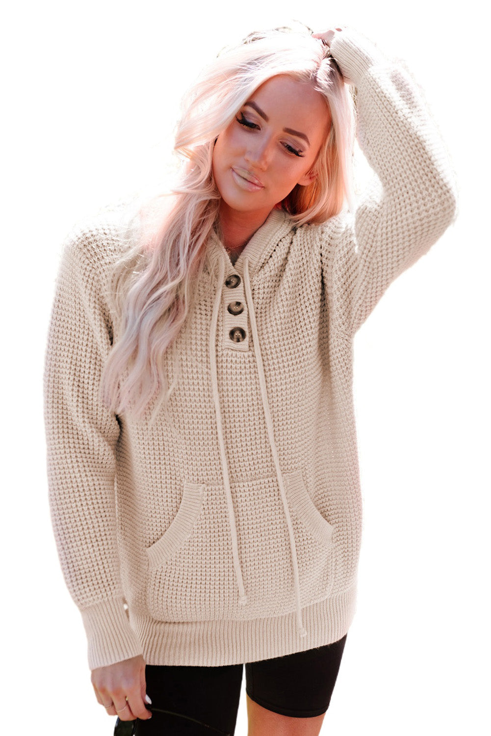 Waffle Knit Buttons Hooded Sweater with Pocket