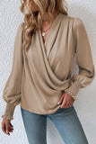 Solid Surplice Neck Shirred Cuffs Draped Blouse