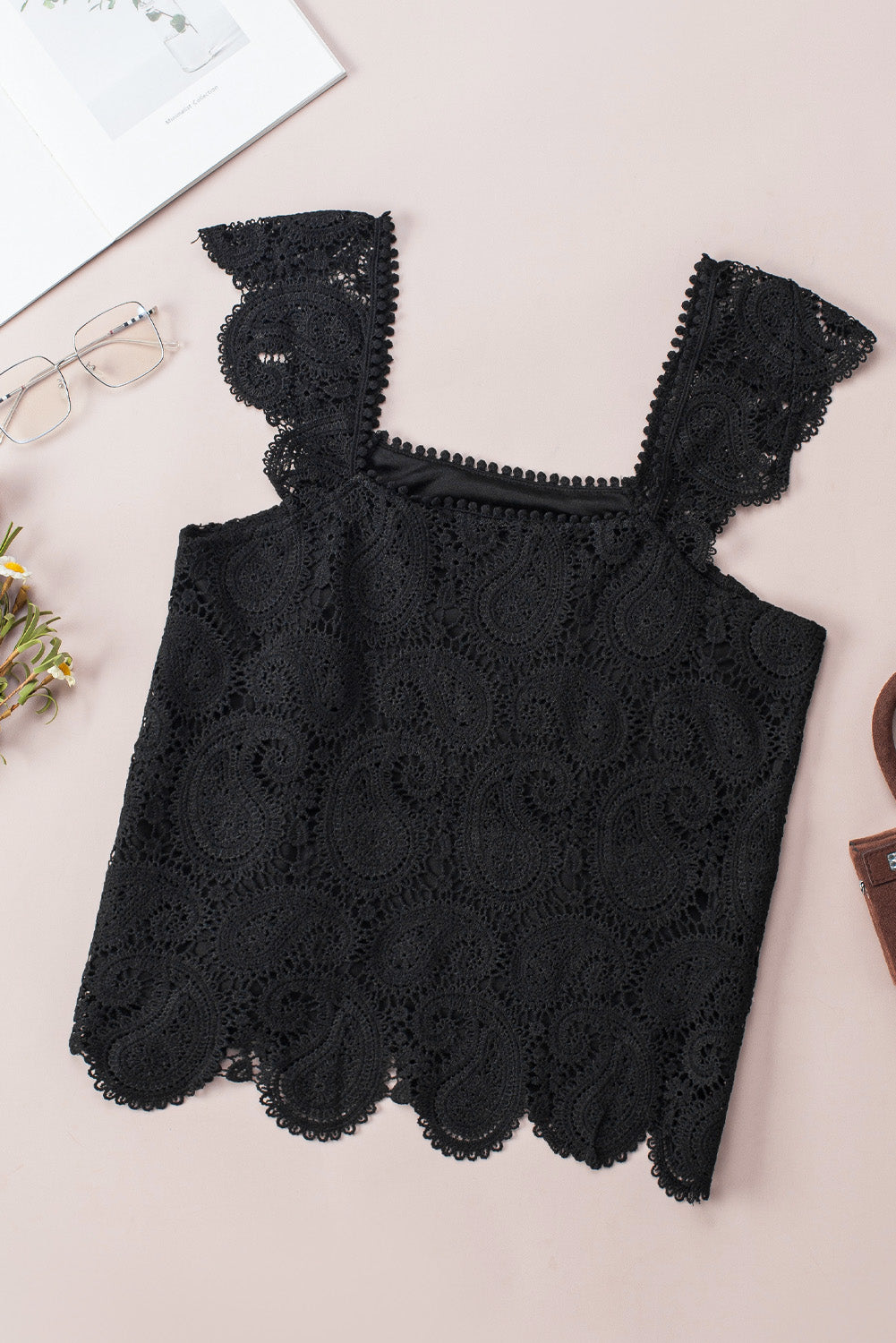 Lace Crochet Ruffled Square Neck Tank Top