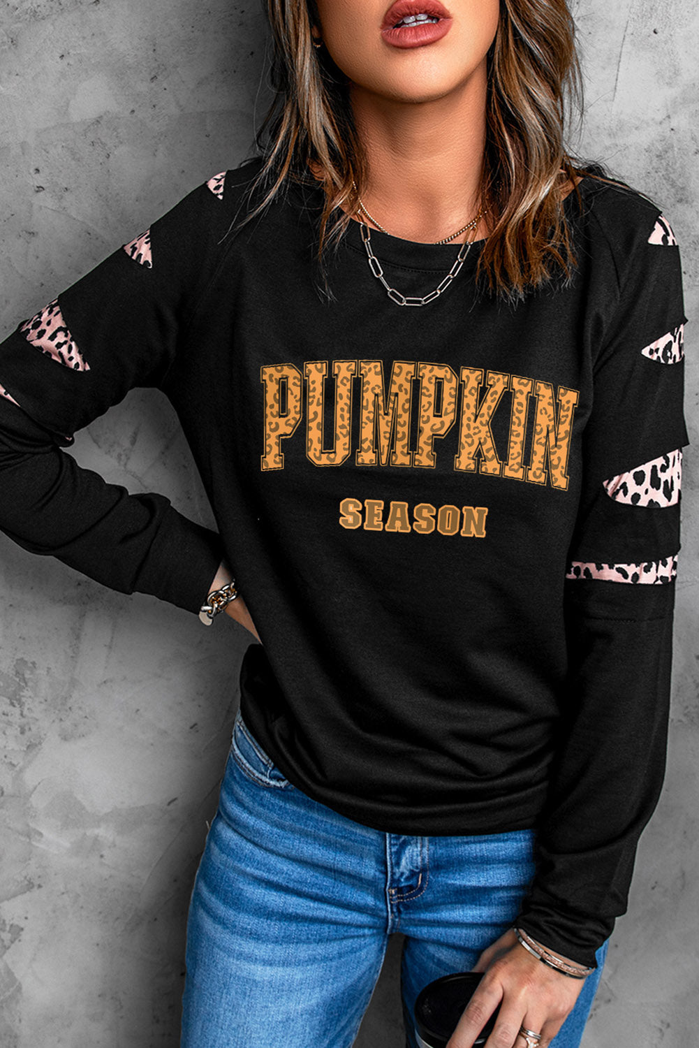 Leopard PUMPKIN SEASON Graphic Ripped Sleeve Sweatshirt