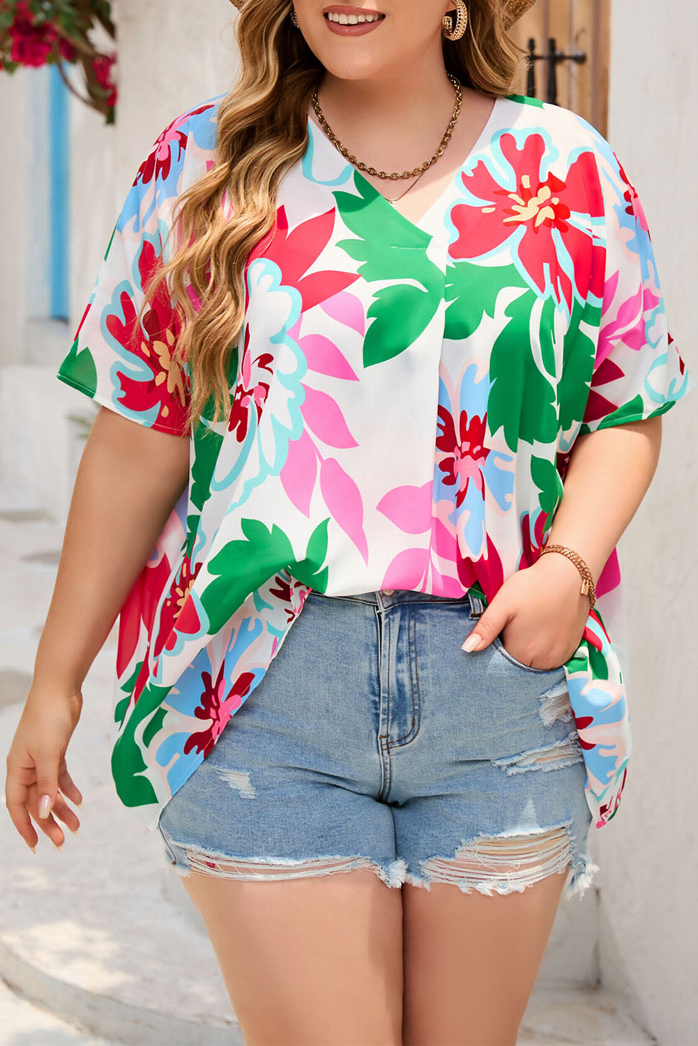 Floral Print Faux Wrap Plus Size Blouse