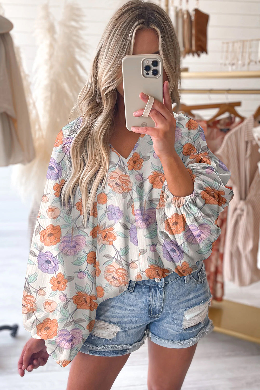 Floral Print V Neck Puffy Lantern Sleeve Blouse