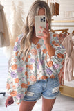 Floral Print V Neck Puffy Lantern Sleeve Blouse