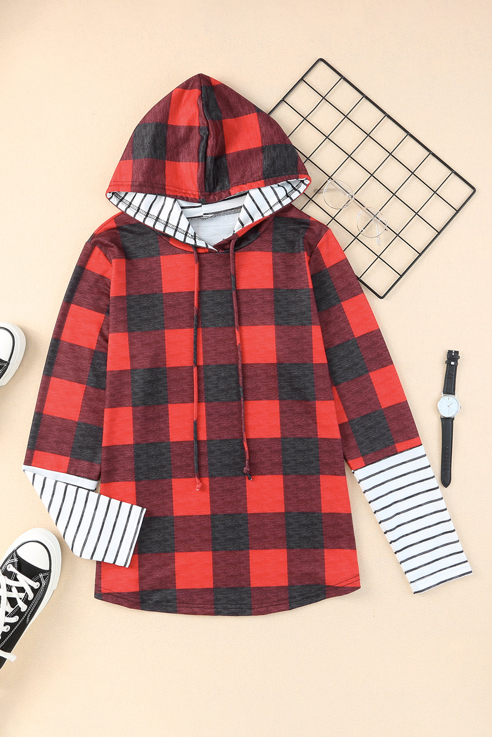 Christmas Plaid Striped Patchwork Drawstring Hoodie