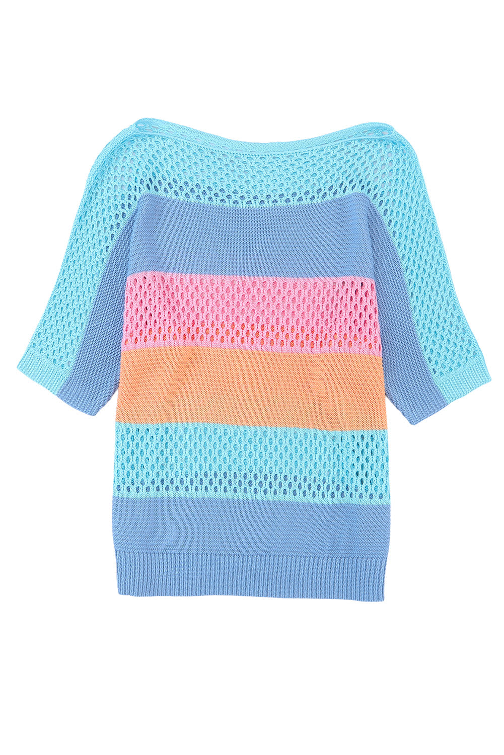 Knitted Eyelet Colorblock Striped Half Sleeves Top