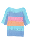 Knitted Eyelet Colorblock Striped Half Sleeves Top