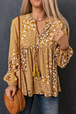 Boho Floral Patchwork Tassel Tie Babydoll Blouse