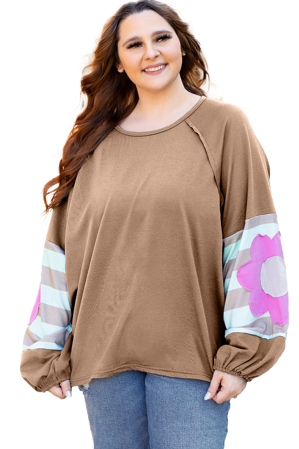 Sail Blue Flower Patchwork Raglan Sleeve Exposed Seam Oversized Top