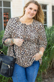 Khaki Leopard Print Lace-up Ruffled 3/4 Sleeve Plus Size Blouse