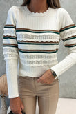 Striped Ribbed Scalloped Detail Knit Sweater