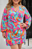 Abstract Print Wrap V Neck Puff Sleeve Dress