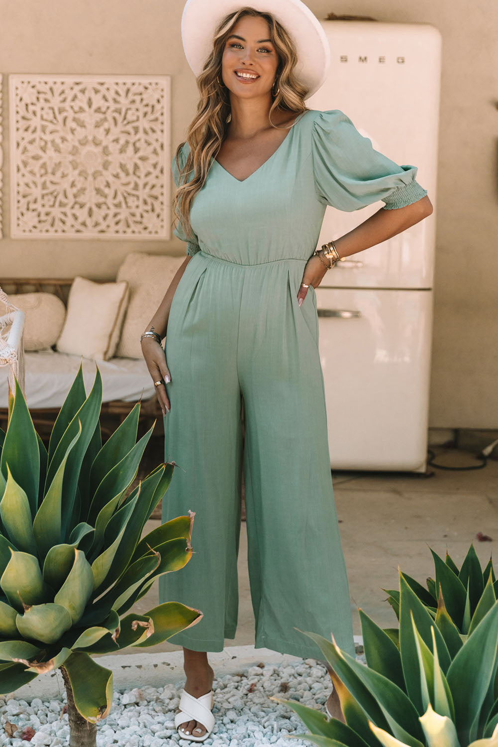 V Neck Puff Sleeve Hollow out Wide Leg Jumpsuit