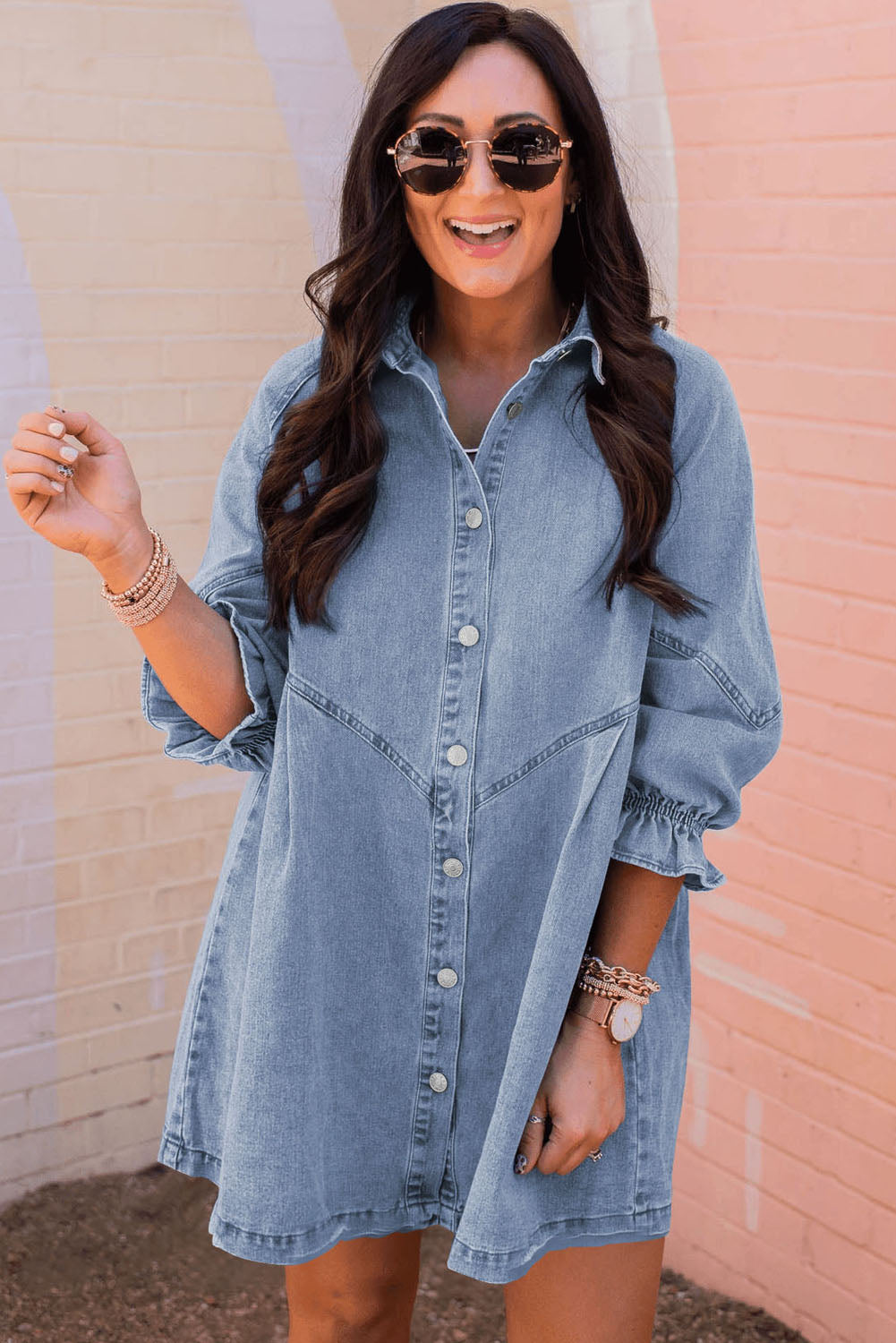 Buttoned Long Sleeve Denim Mini Dress