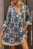 Sky Blue Vintage Printed Lace Trim V Neck 3/4 Sleeve Loose Dress