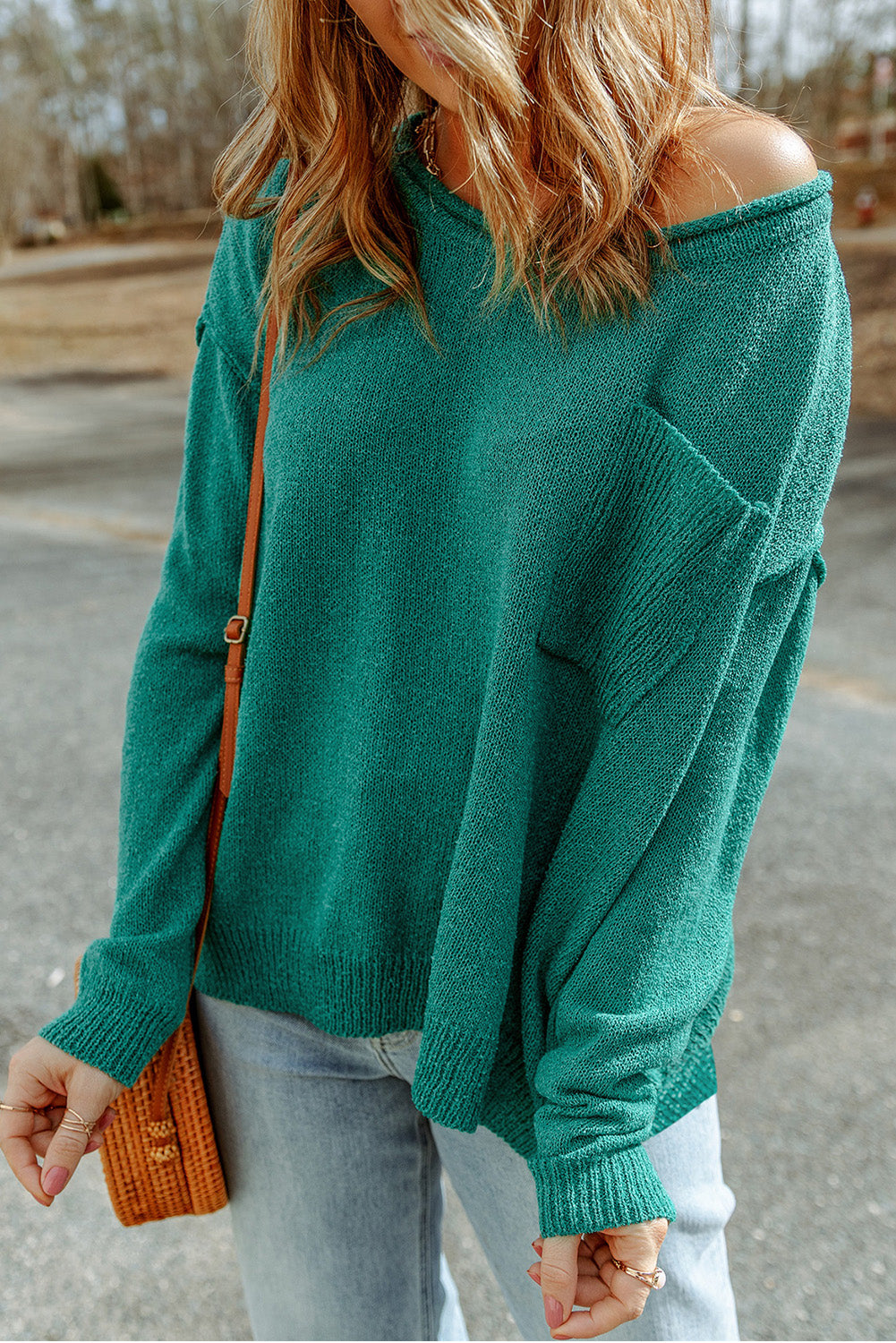 Solid Color Off Shoulder Rib Knit Sweater with Pocket