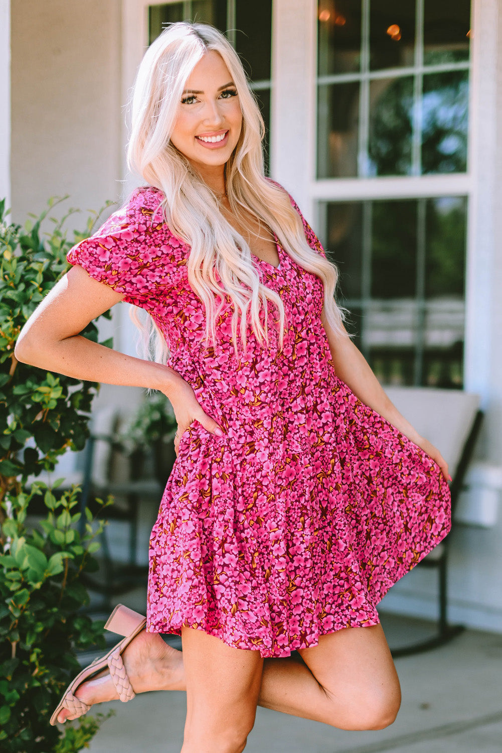 Floral Print Tiered Flutter Sleeve V Neck Top