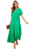 Notch V Neck Bubble Sleeve Tiered Maxi Dress