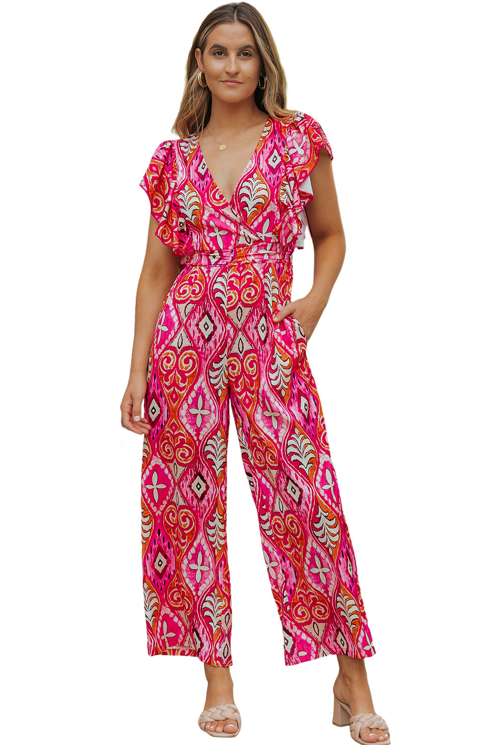 Rose Printed V Neck Button Open Back Wide Leg Jumpsuit