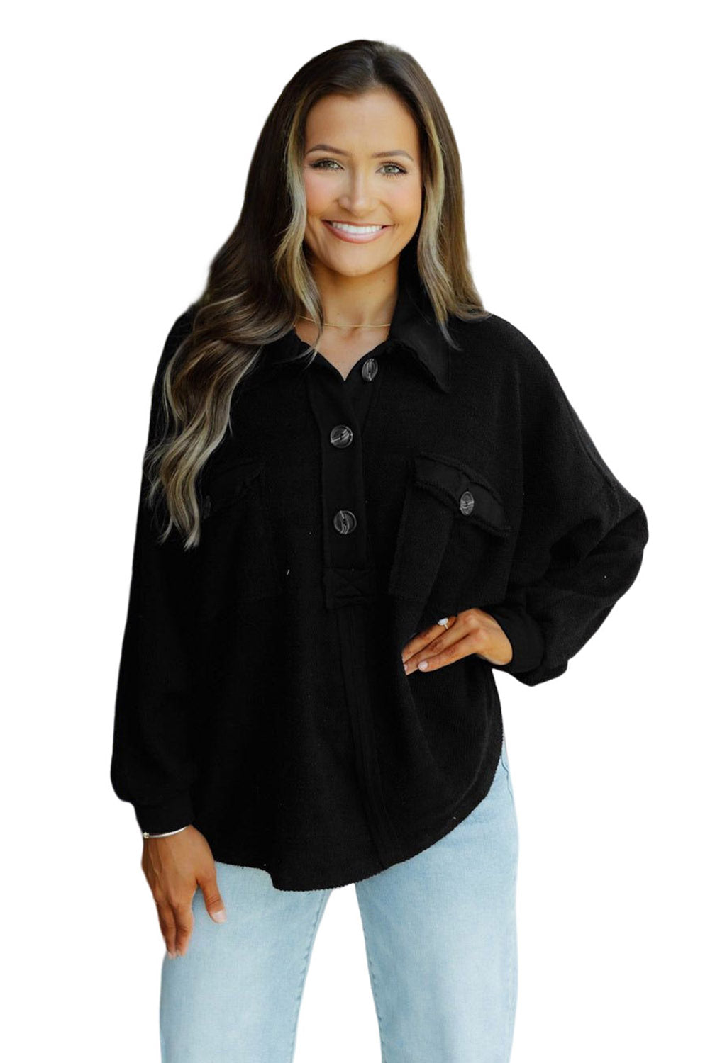 Polo Collar Buttoned Patchy Top with Pockets