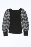 Black Flower Puff Sleeve Ribbed Knit Top