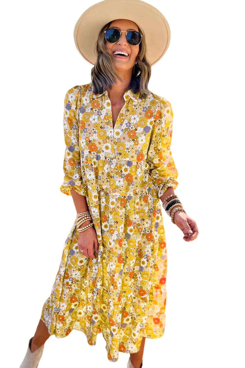 Robe bohème multicolore à col floral et manches longues à volants