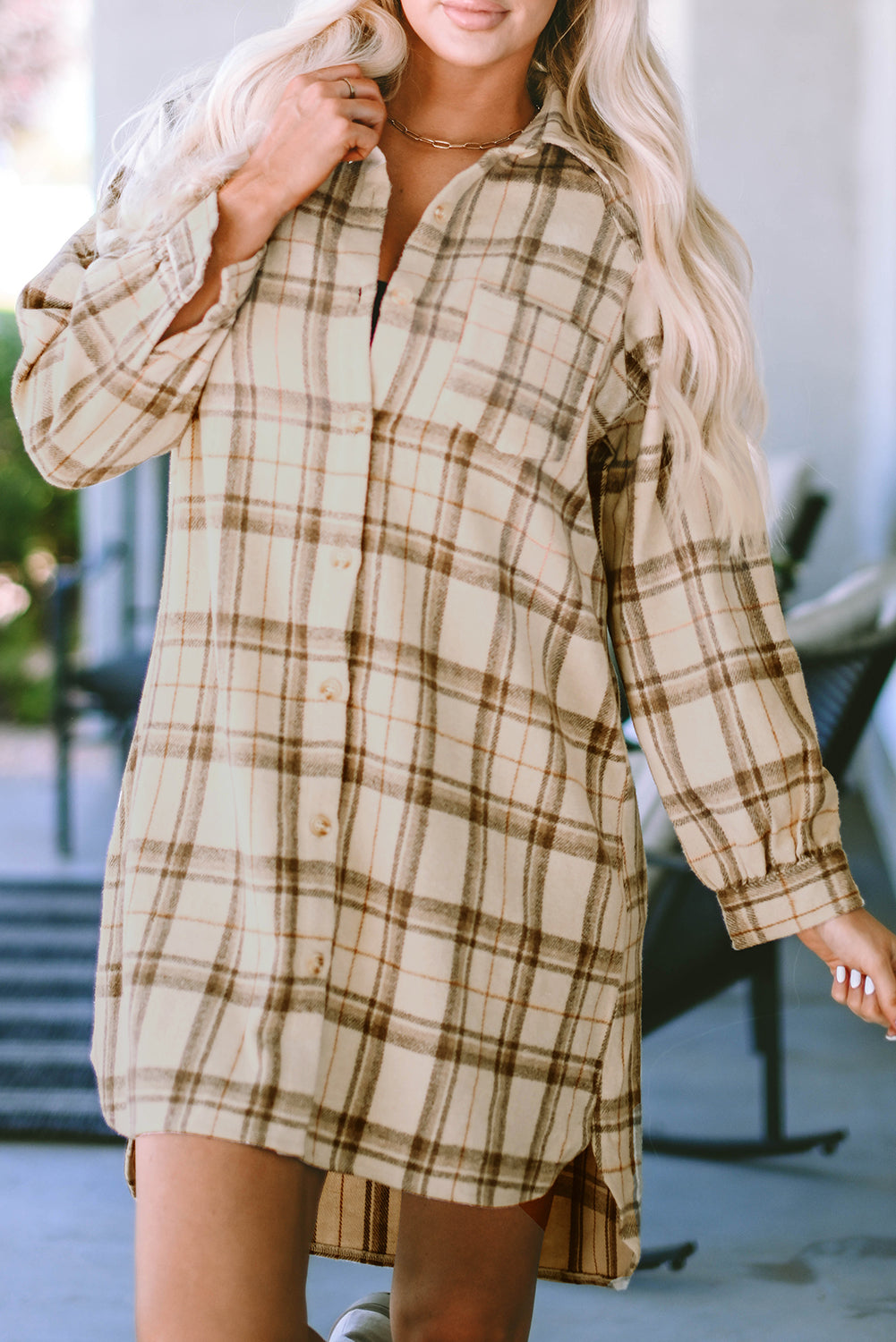 Khaki Western Plaid Button Up Loose Shirt Dress