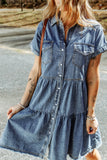 Buttoned Frayed Pocket Short Sleeve Denim Dress