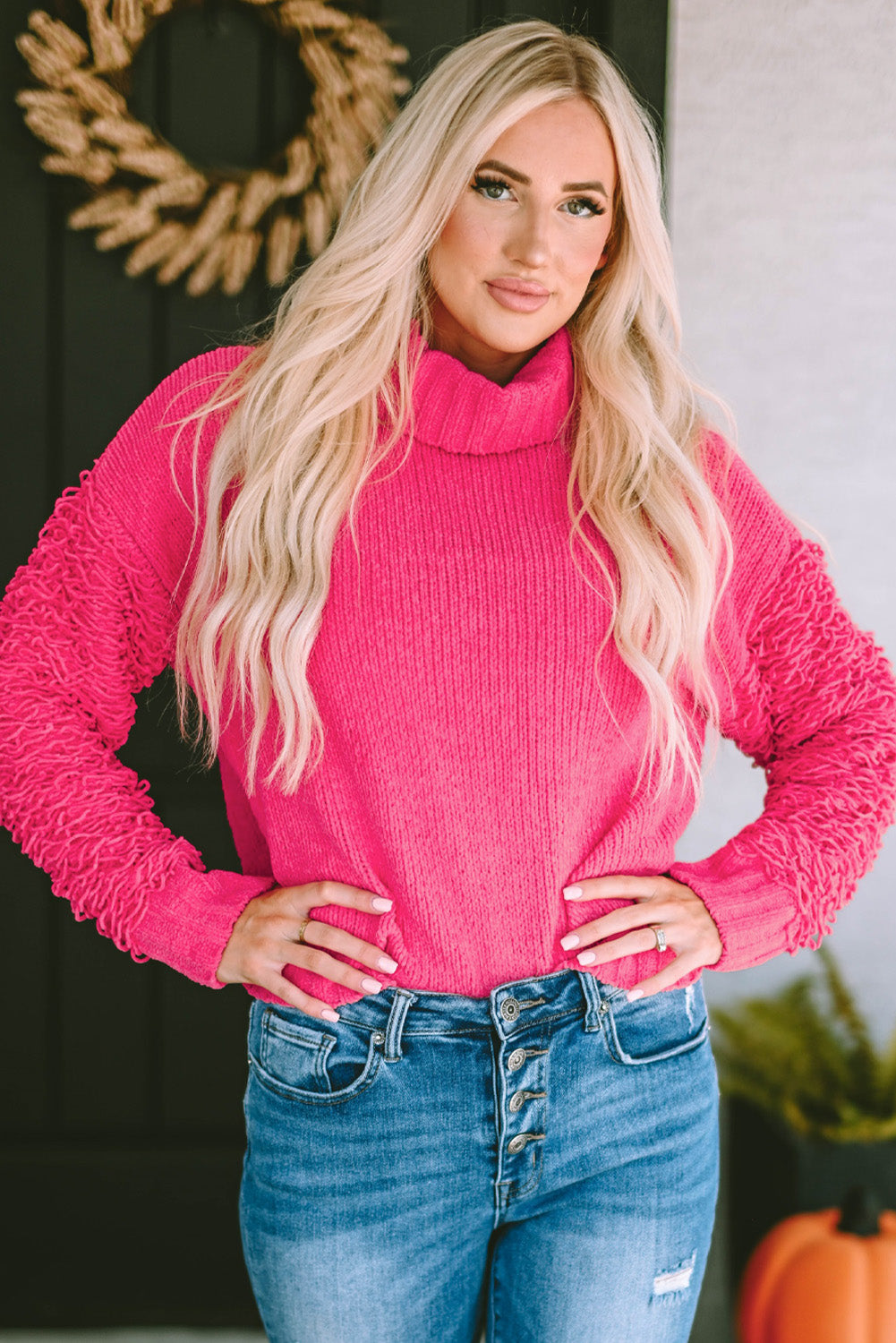 Ribbed Turtleneck Fuzzy Sleeve Knit Sweater