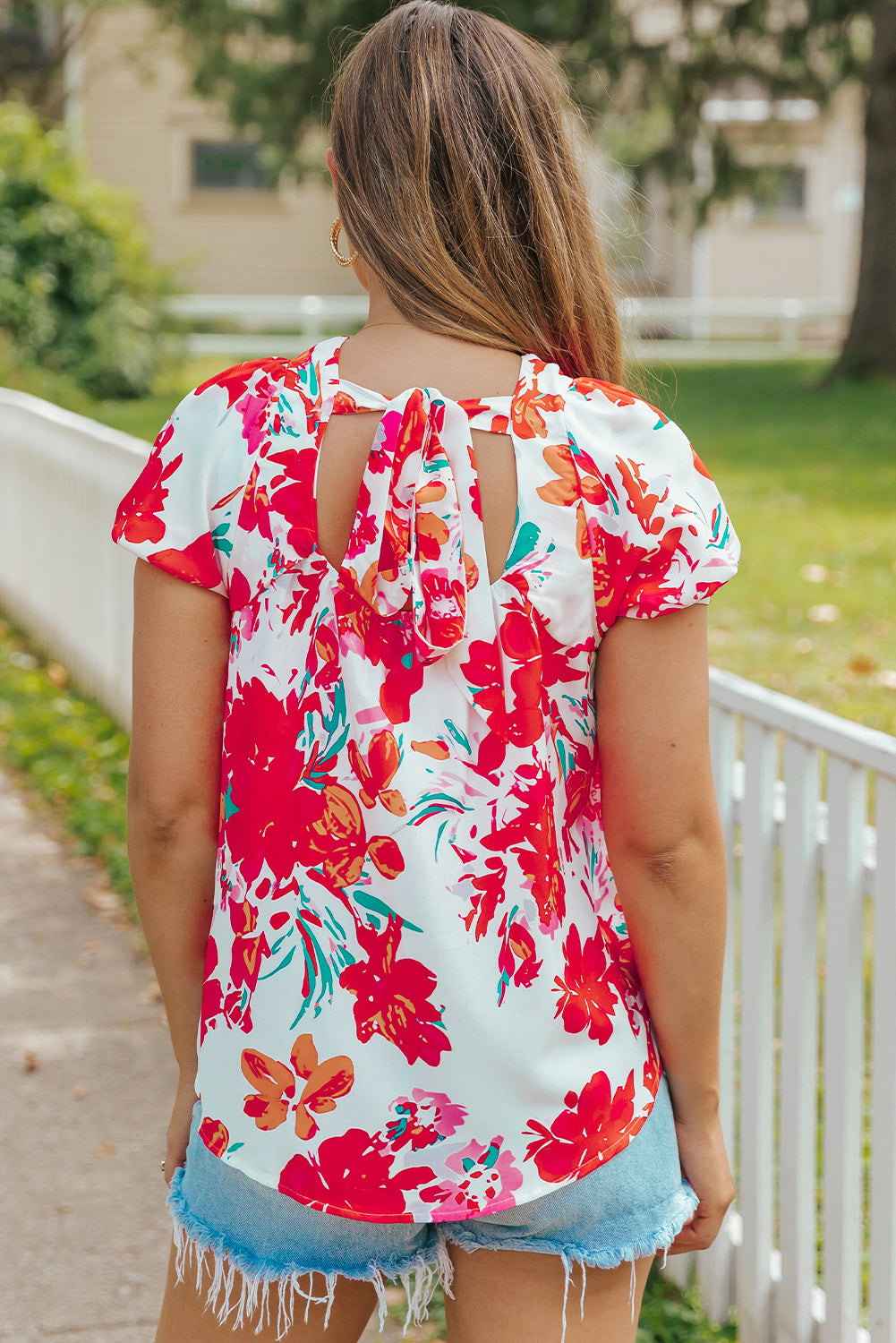 Blouse à col carré imprimé floral rouge