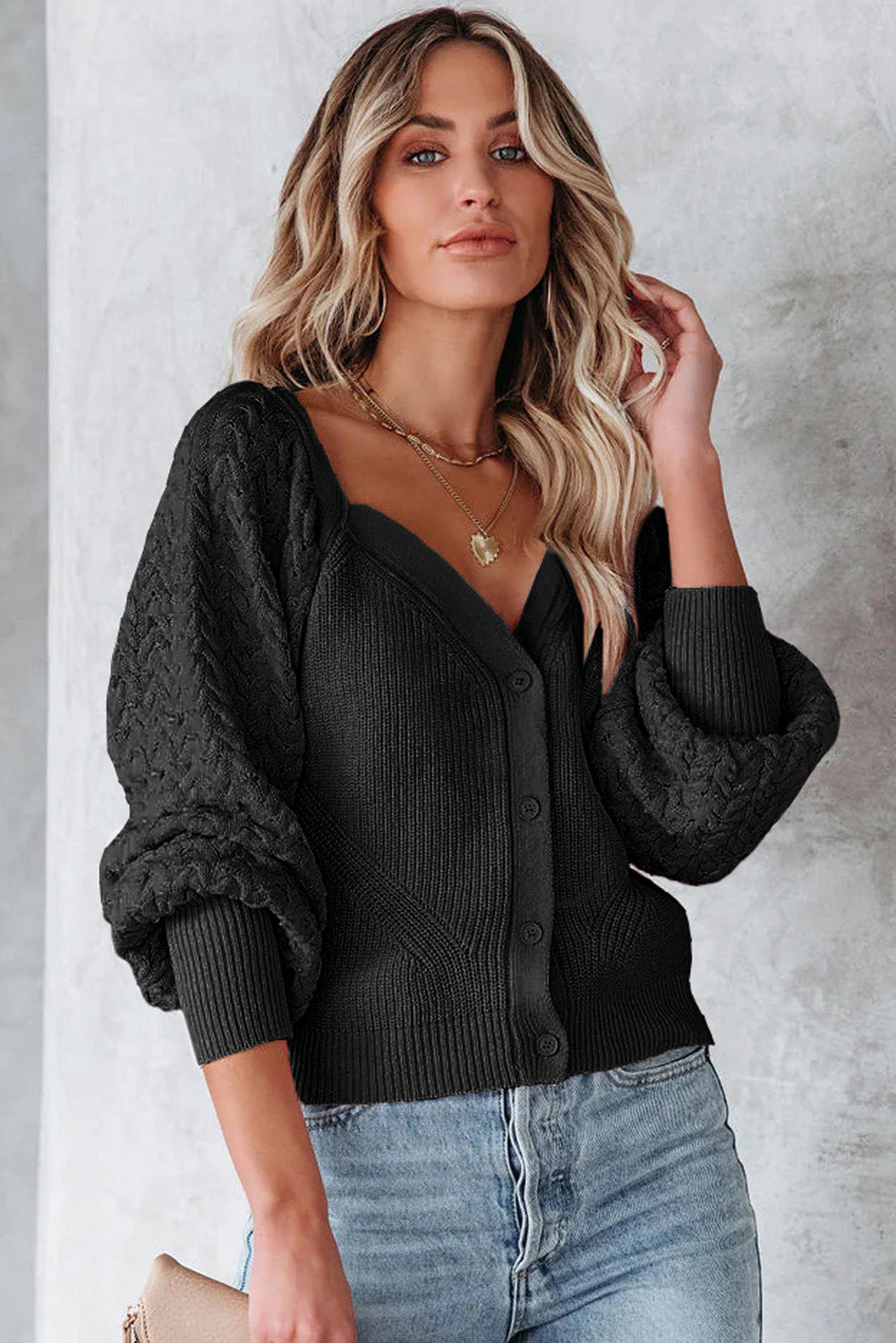 Pearl Embellished Puff Sleeve V Neck Cardigan