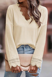 Ribbed Texture Lace Trim V Neck Long Sleeve Top