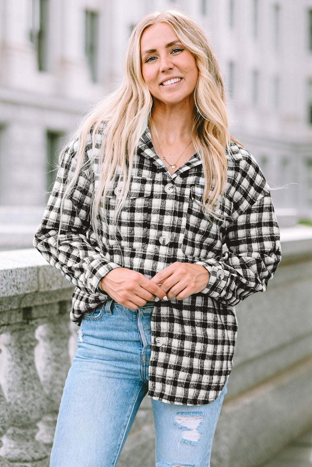 Plaid Print Chest Pockets Buttoned Tunic Shacket