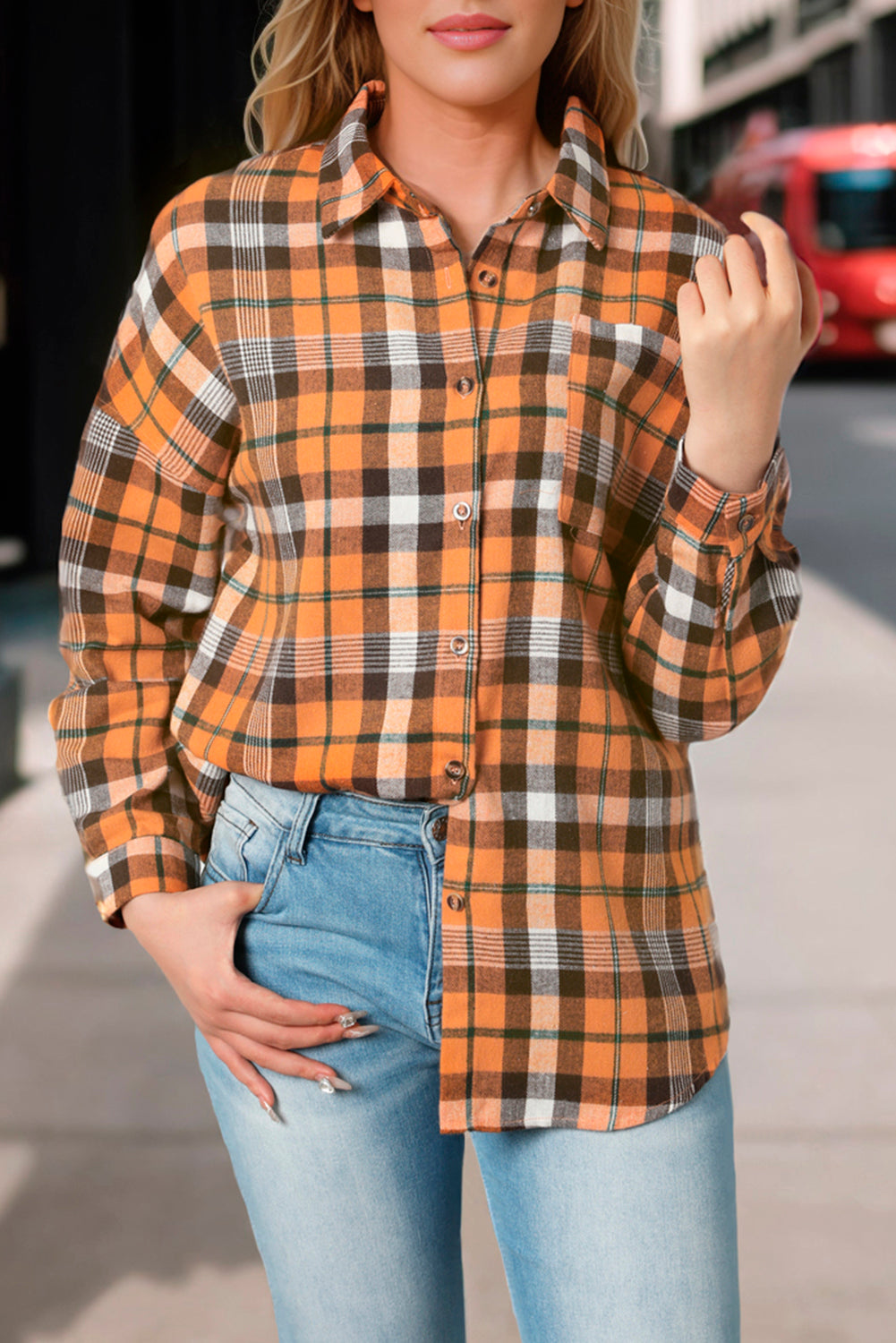 Chemise orange à motif écossais à épaules tombantes et ourlet arrondi