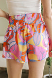 Purple Abstract Print Smock Waist Casual Shorts