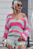 Striped Colorblock Knit V Neck Loose Fit Sweater