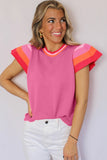 Bright Pink Contrast Flutter Sleeves Knitted Sweater T Shirt